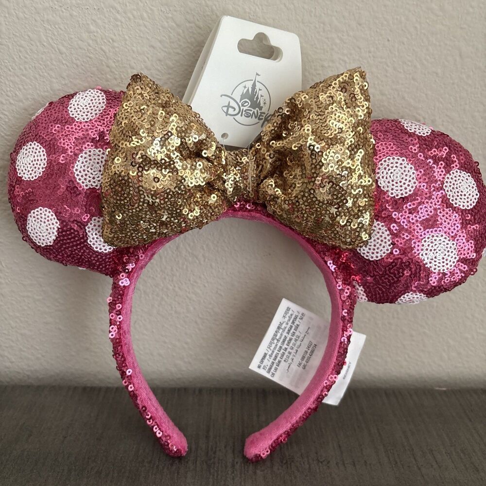Disney Parks Minnie Mouse Ears Sequin Pink Polka Dot Gold Bow Headband NWT